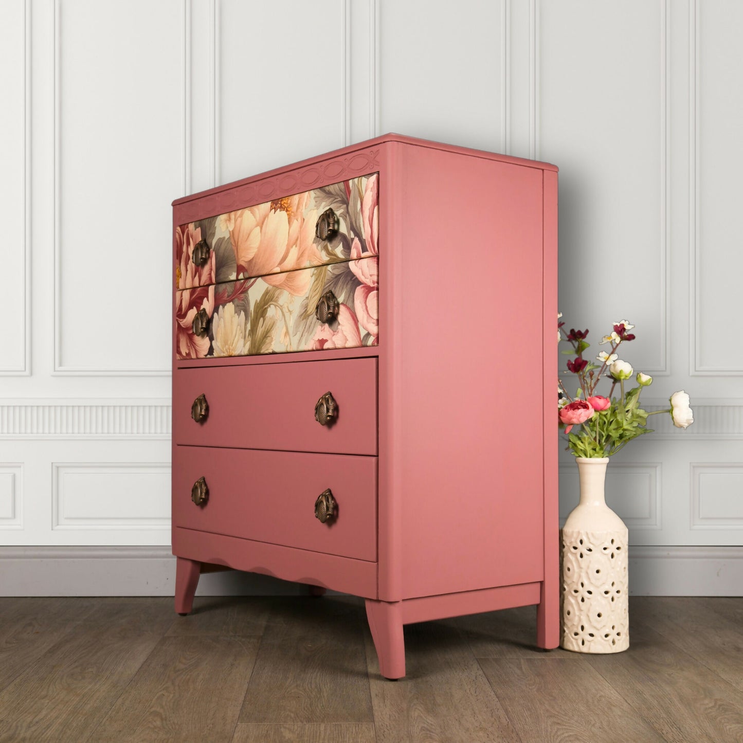 Upcycled Vintage MCM Pink Painted Lebus Chest of Drawers