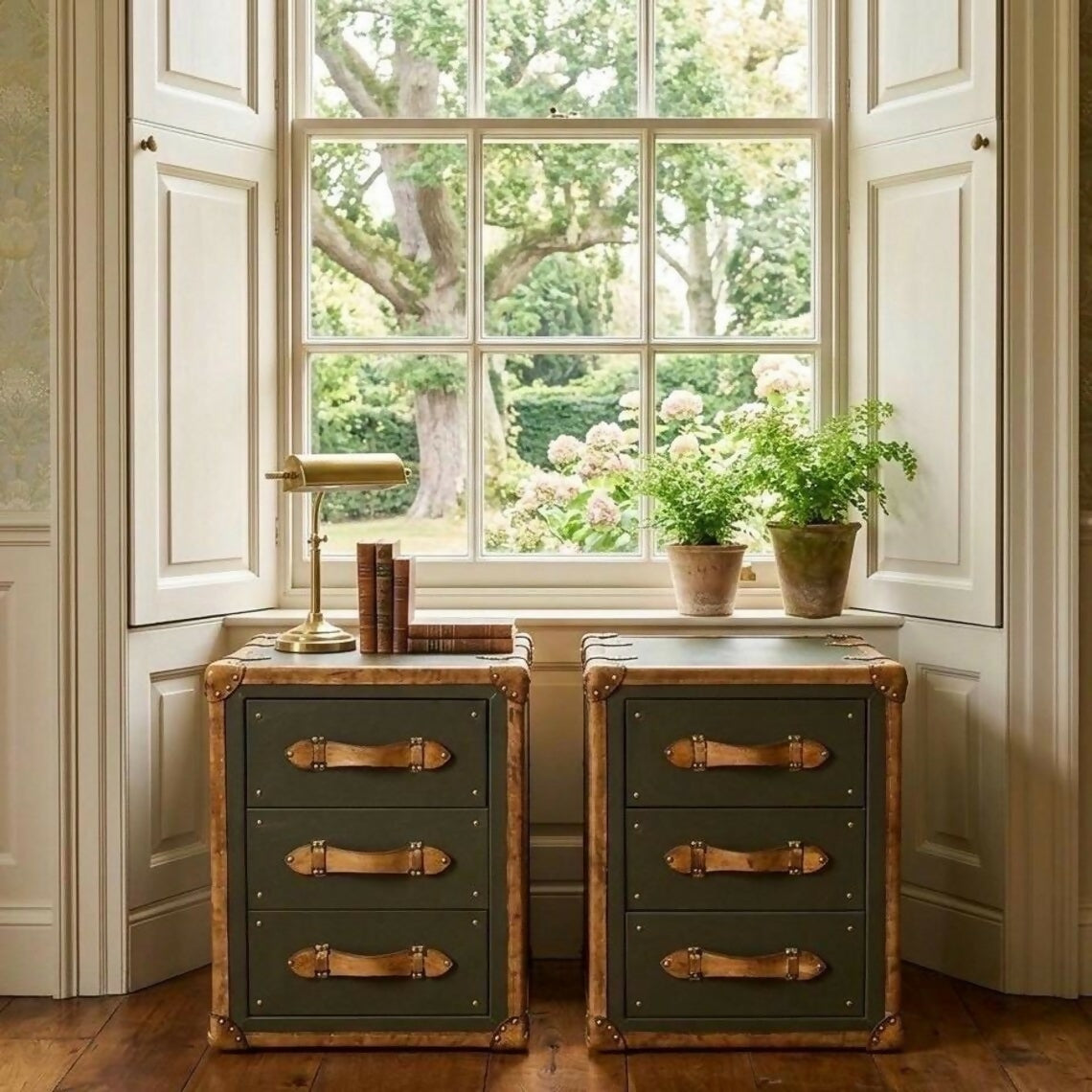 English luxury leather vintage nightstands | Olive green matching bedside tables | Hand dyed