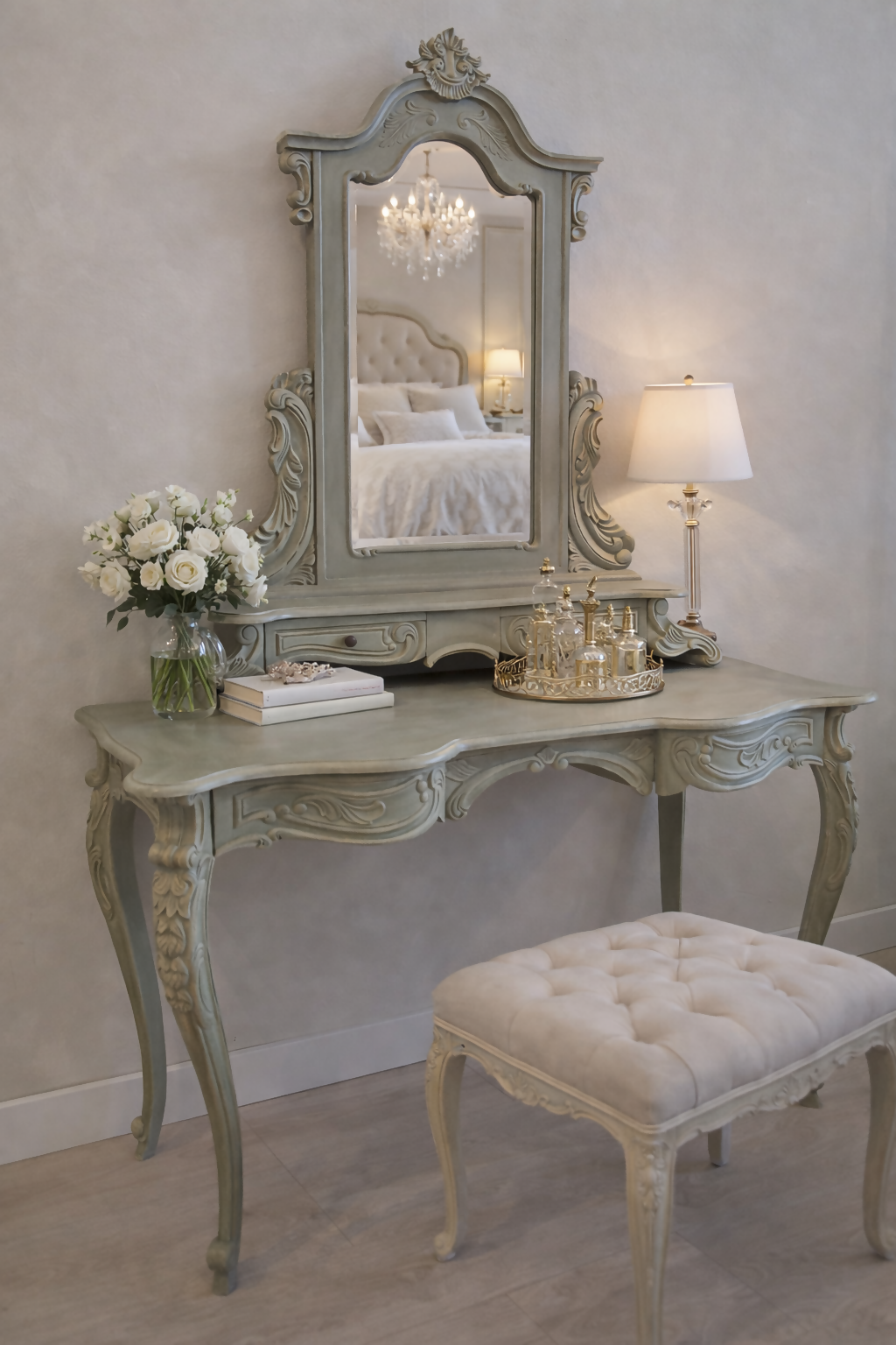 Vintage French Dressing Table & Mirror | Hand Painted Vanity | Ornate French Bedroom Furniture