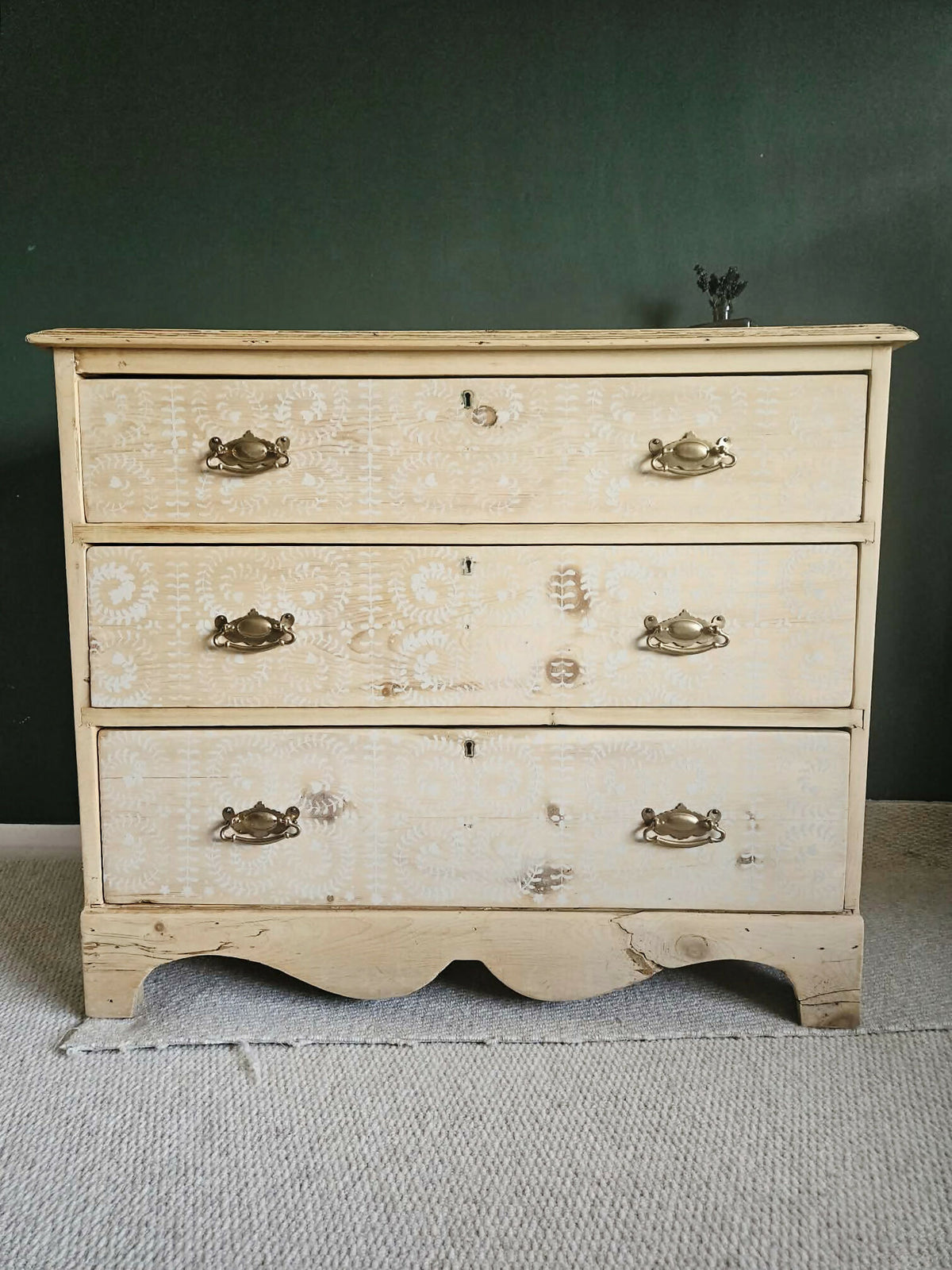 Antique Pine Chest of Drawers with stencils , three large drawers