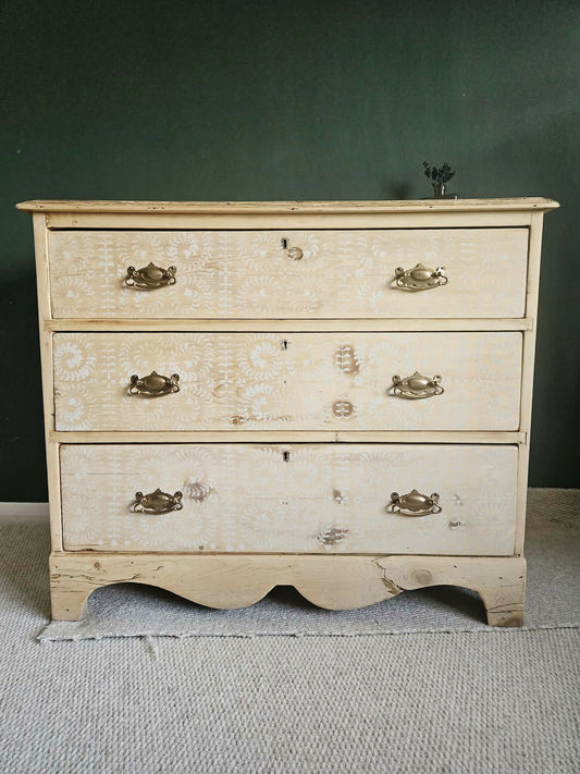 Antique Pine Chest of Drawers with stencils , three large drawers