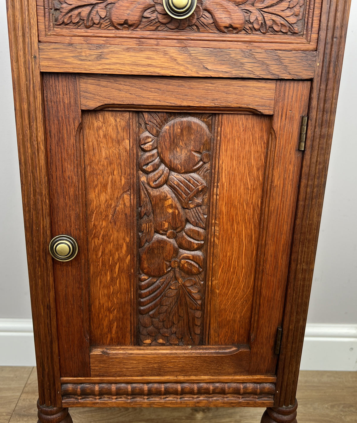 Bedside Table Antique French Style Oak Carved Marble Top Cabinet LOT 6574
