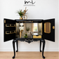 Refurbished Art Deco Burl Walnut Queen Anne Cocktail Cabinet in black and gold with cabriole legs, vintage drinks cabinet,
