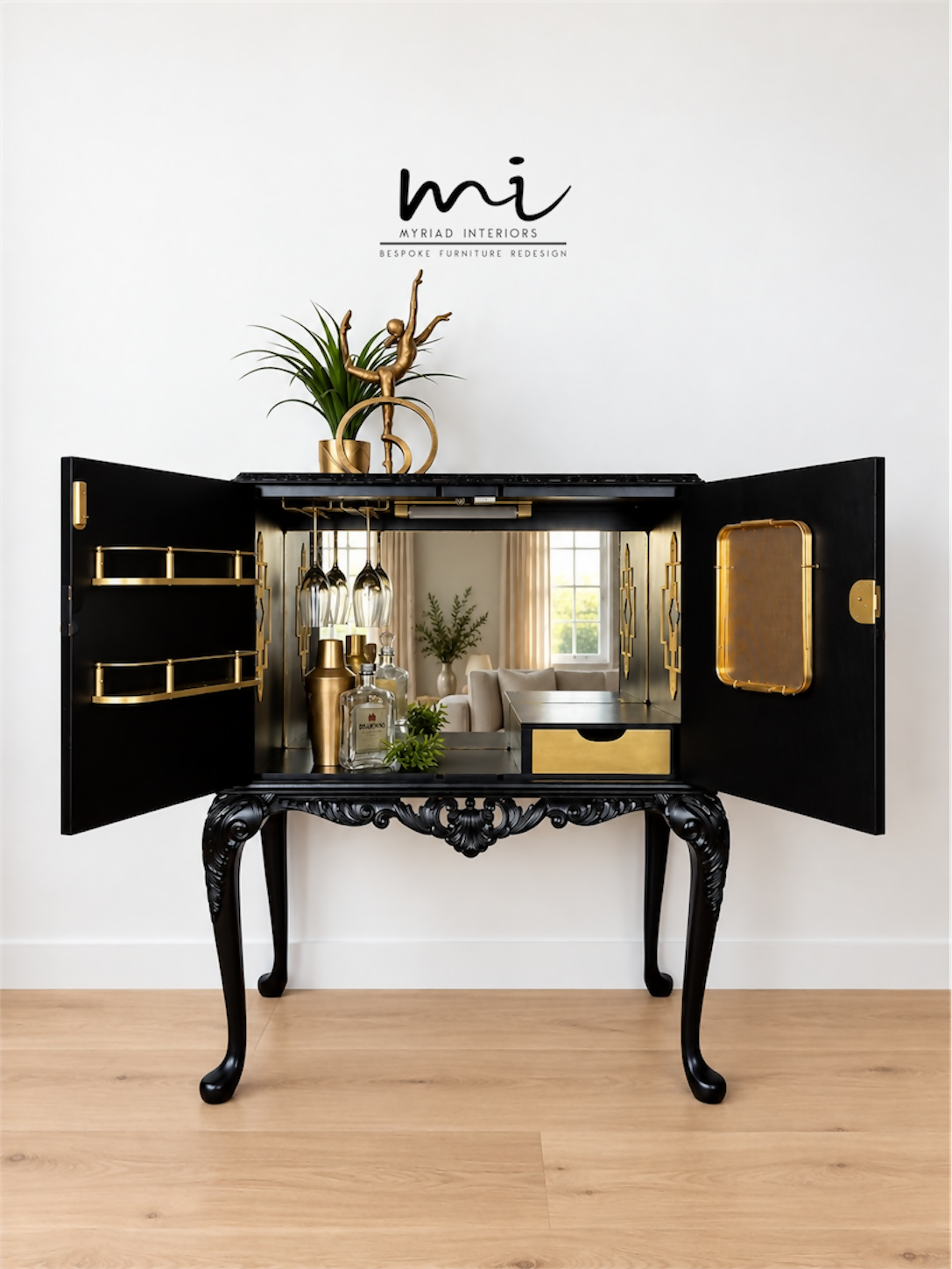 Refurbished Art Deco Burl Walnut Queen Anne Cocktail Cabinet in black and gold with cabriole legs, vintage drinks cabinet,