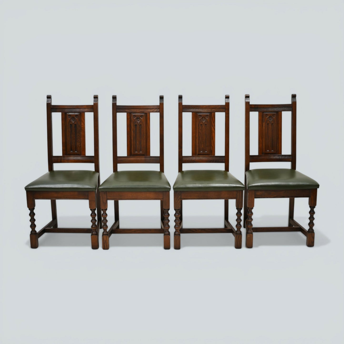6 Oak Dining Chairs Old Charm Green Leather Seats Tudor Brown FREE UK Delivery