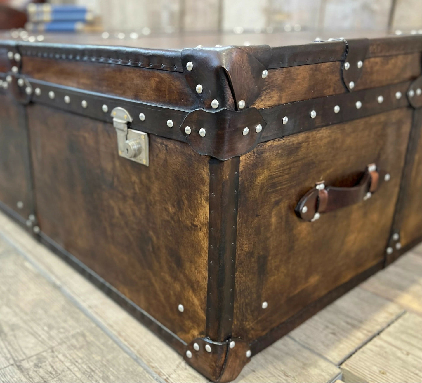 Handmade English luxury large Vintage leather coffee table - hand dyed storage trunk