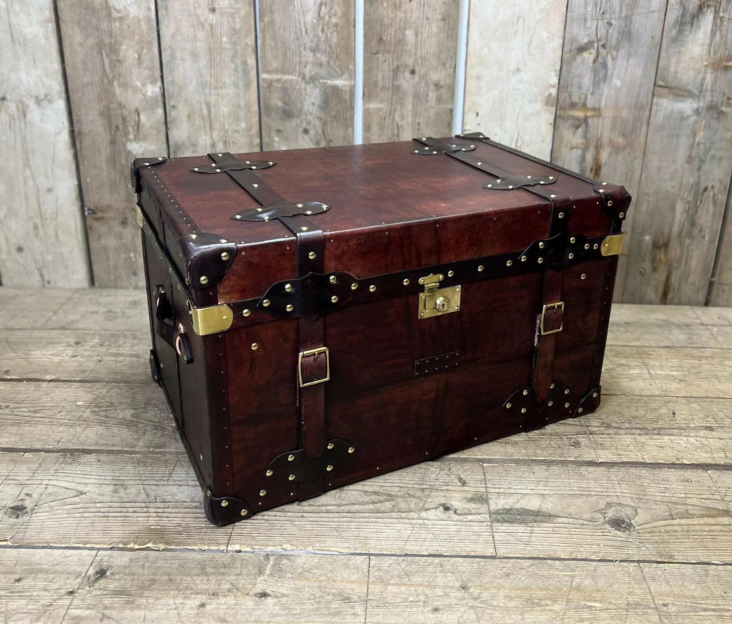 Genuine Bridle Leather Hand Dyed Belted Chestnut Brown Coffee Table Trunk