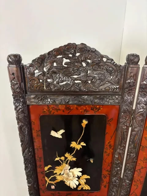 Heavily Carved Vintage Oriental Two Fold Screen
