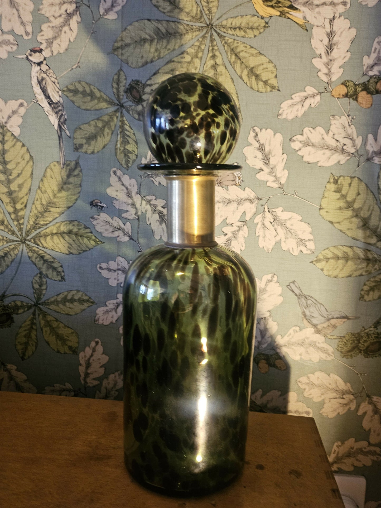 Green Glass Apothecary Bottle with Brass Collar