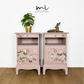 Dusky blush pink Stag Minstrel slim tea tray bedside tables with blossom and butterfly design. Nightstands pale pink