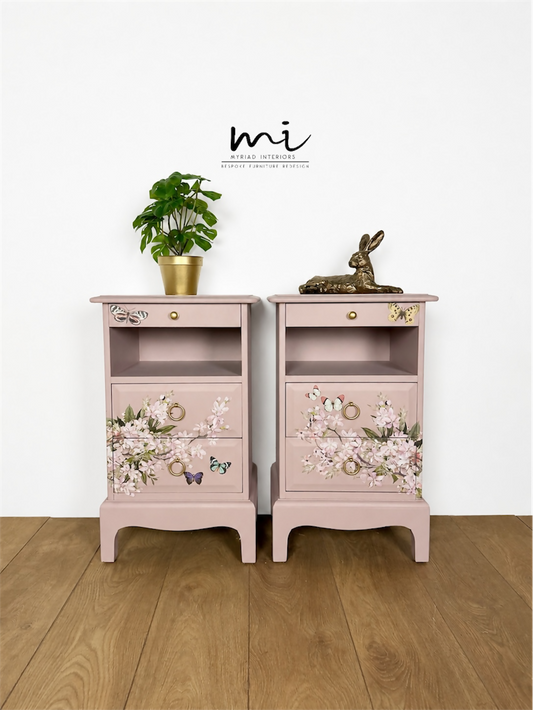Dusky blush pink Stag Minstrel slim tea tray bedside tables with blossom and butterfly design. Nightstands pale pink