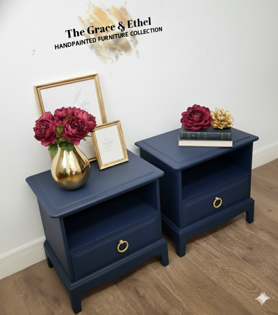 Stag cubby bedside cabinets in navy blue