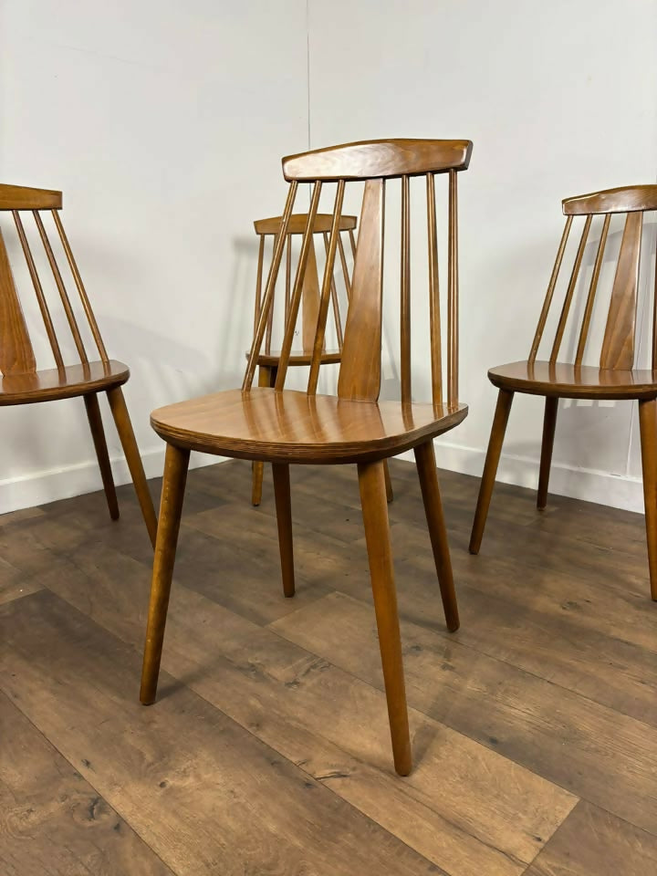 Set of Four Rodanski Mid Century Danish Style Stick-Back Dining Chairs