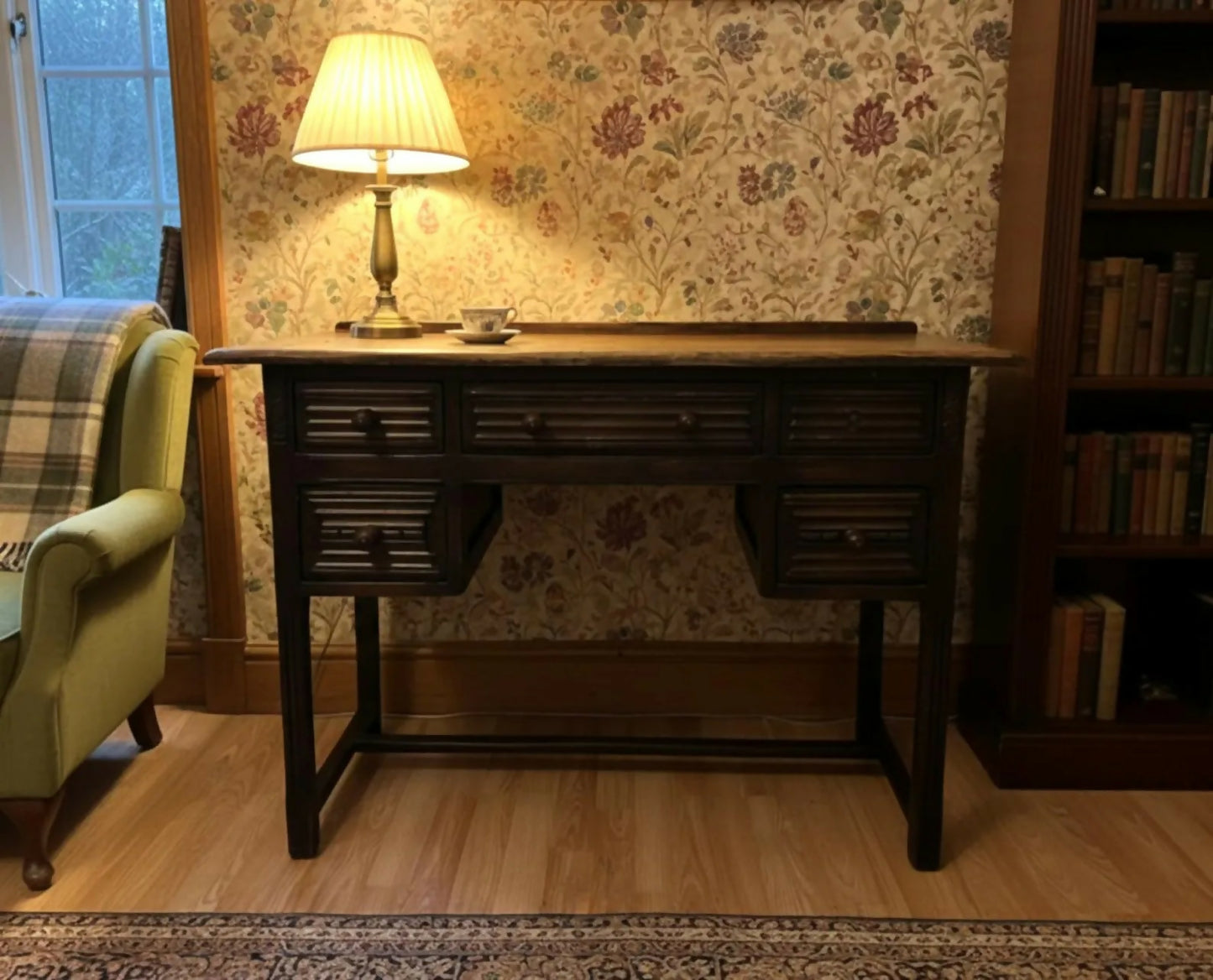 Vintage 1930s Solid Wood Desk 5 Drawer Console Table Carved Front 109cm