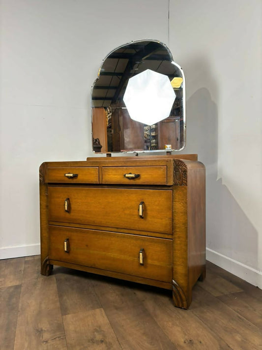 Art Deco Style Vintage Oak Dressing Table with Mirror
