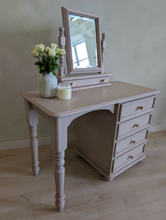 Vintage Dressing Table with Mirror Hand Painted Vanity Desk in a Blush Taupe