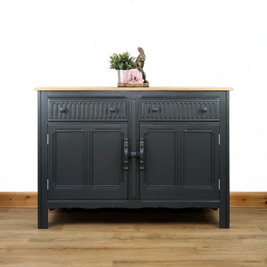 Ercol sideboard, Old Colonial range, painted neutral dark green, retro stencilled wood top