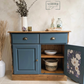 Vintage Solid Pine Blue Painted Sideboard, Hallway Cabinet with Stripe Detail and Floral Interior