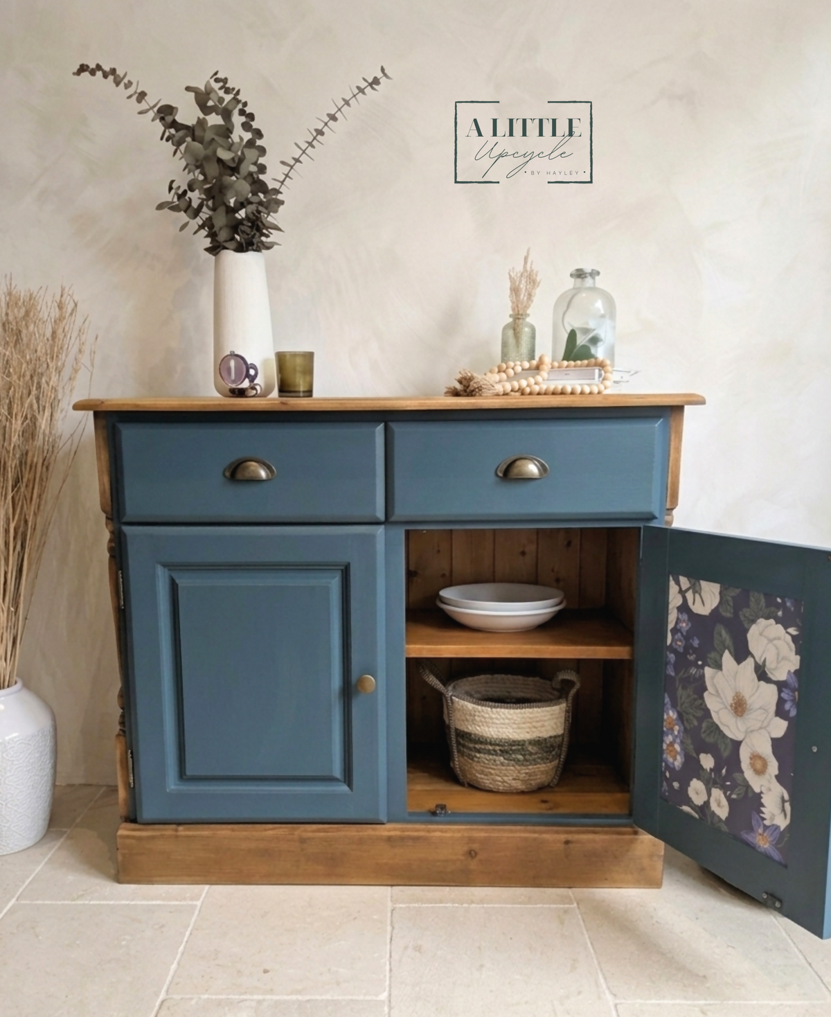 Vintage Solid Pine Blue Painted Sideboard, Hallway Cabinet with Stripe Detail and Floral Interior