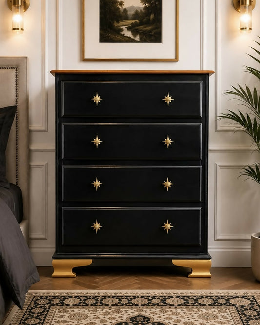 Luxury Star Burst Black & Gold Contemporary Chest of Drawers | Dresser | Vintage Upcycled Refurbished Handmade Bespoke Furniture