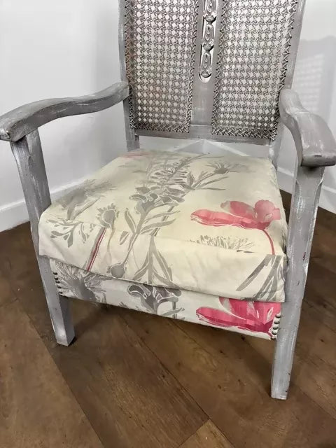 Vintage Painted Grey Cane Back Armchair / Bedroom Chair