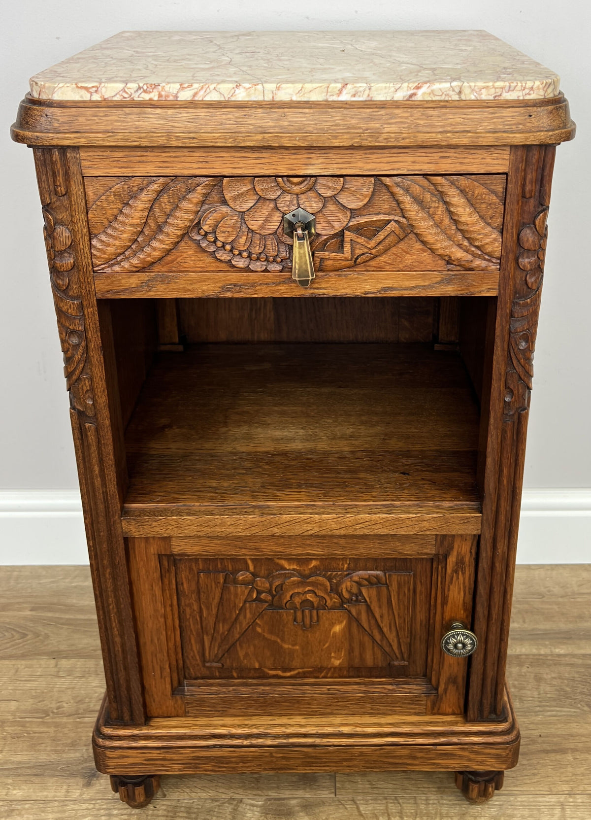 Pair of Bedside Tables Antique French Oak Carved Marble Top Cabinets LOT 6603