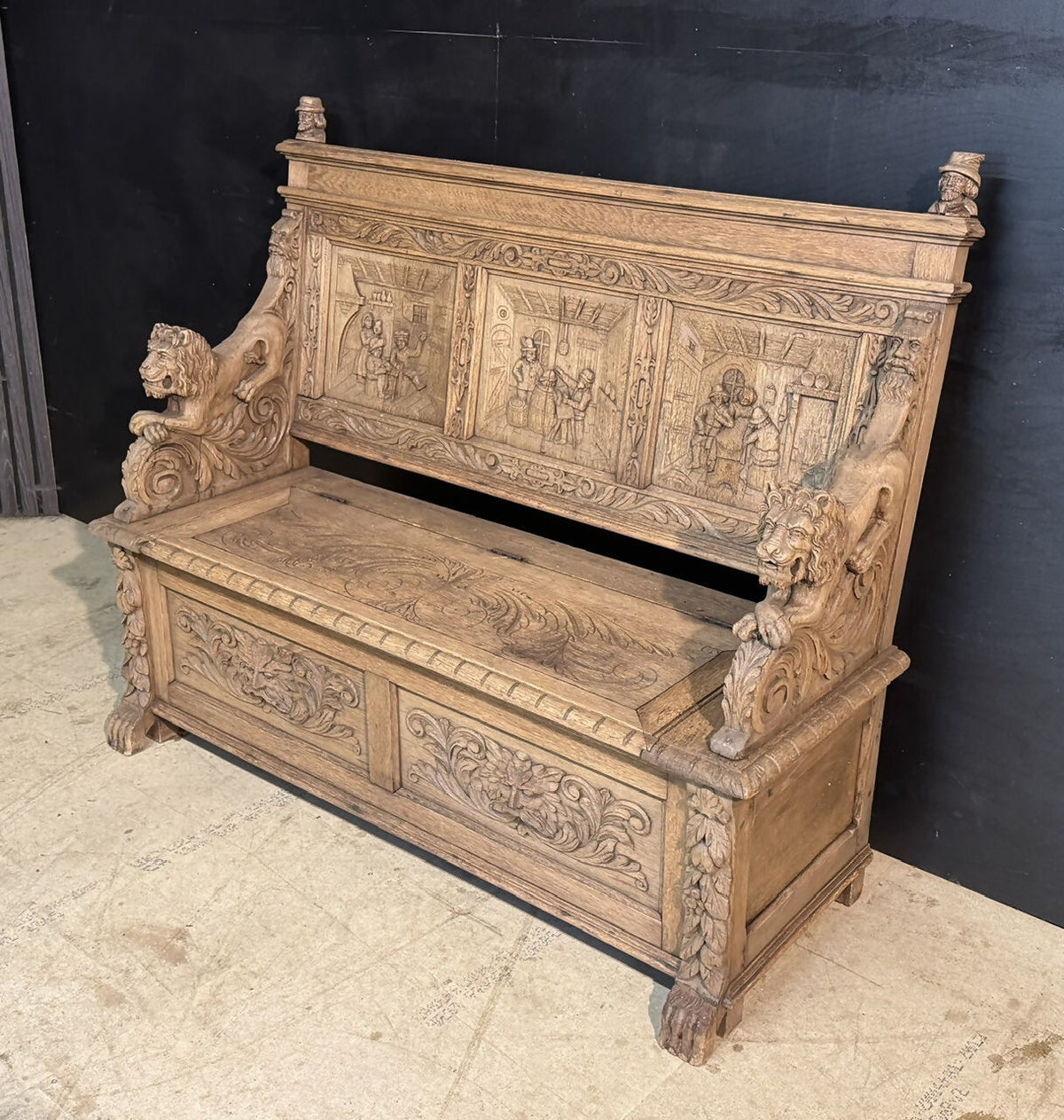 French Carved Oak Tavern Scene Bench
