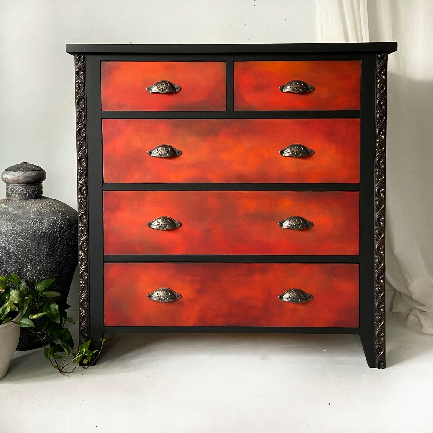 Tall chest of drawers, orange, red black