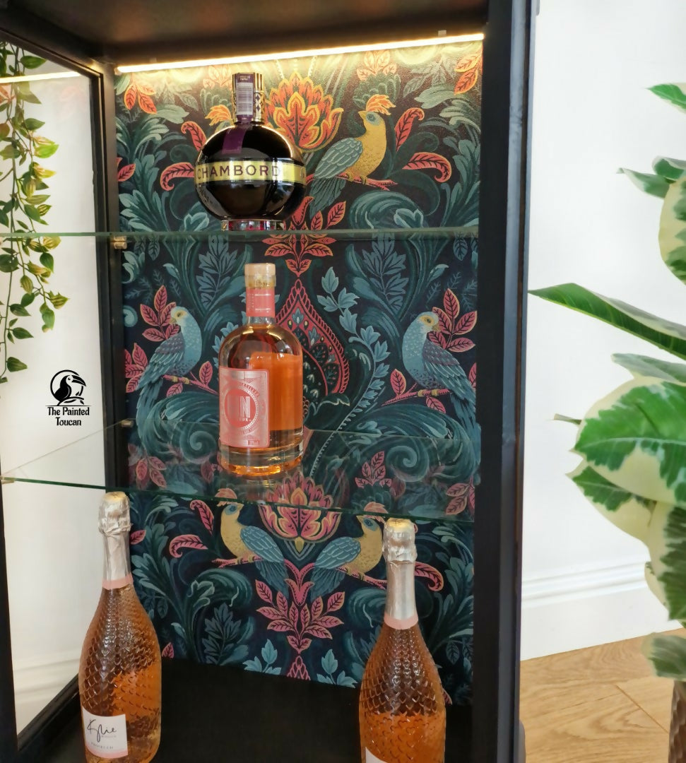 Upcycled Vintage Drinks Cabinet | Painted Dark Navy Tropical Decoupage Glazed Home Bar | Cocktail Cabinet