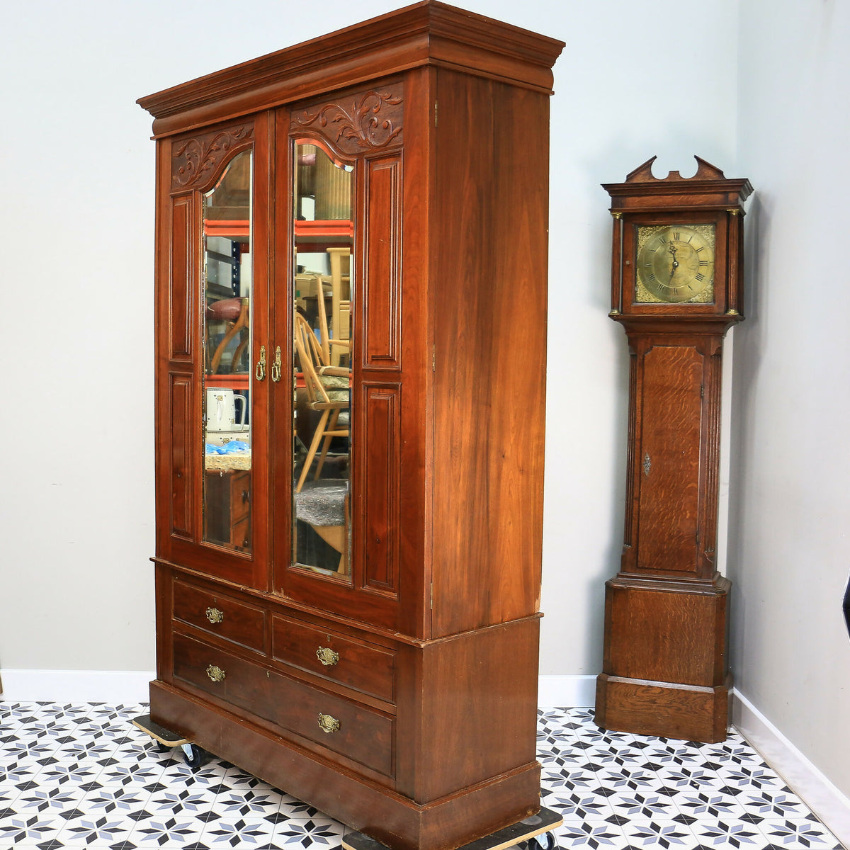Antique Double Wardrobe Mirrored Doors and Drawers Late Victorian