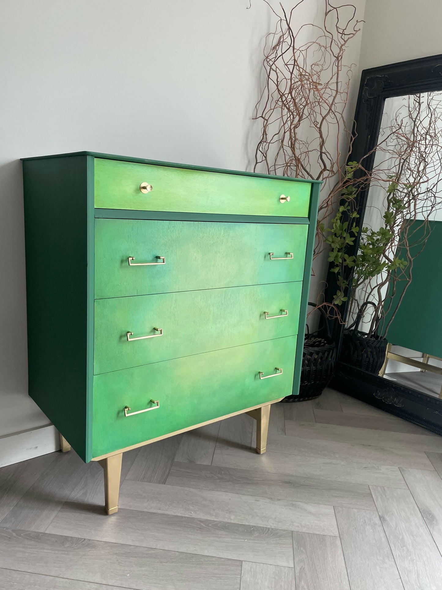 Mid Century Chest of Drawers Hand Painted Green With Gold Legs