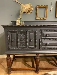 Vintage carved large dark grey & oak sideboard