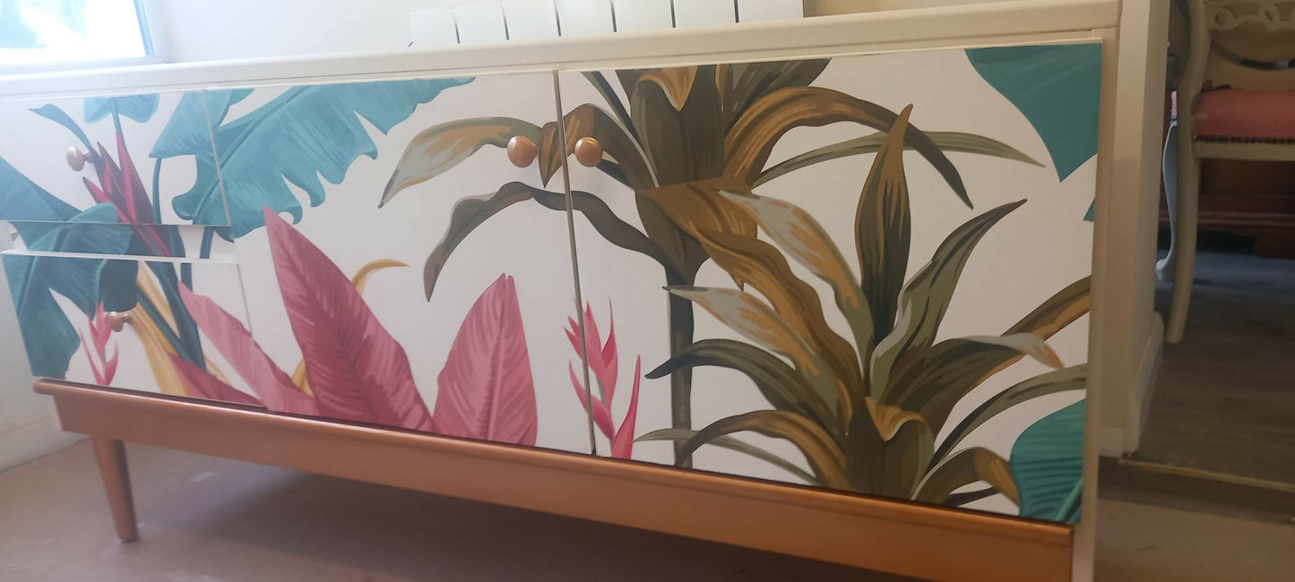 Midcentury Retro Sideboard in White and Tropical Plant Print. Living Room Painted Upcycled Furniture