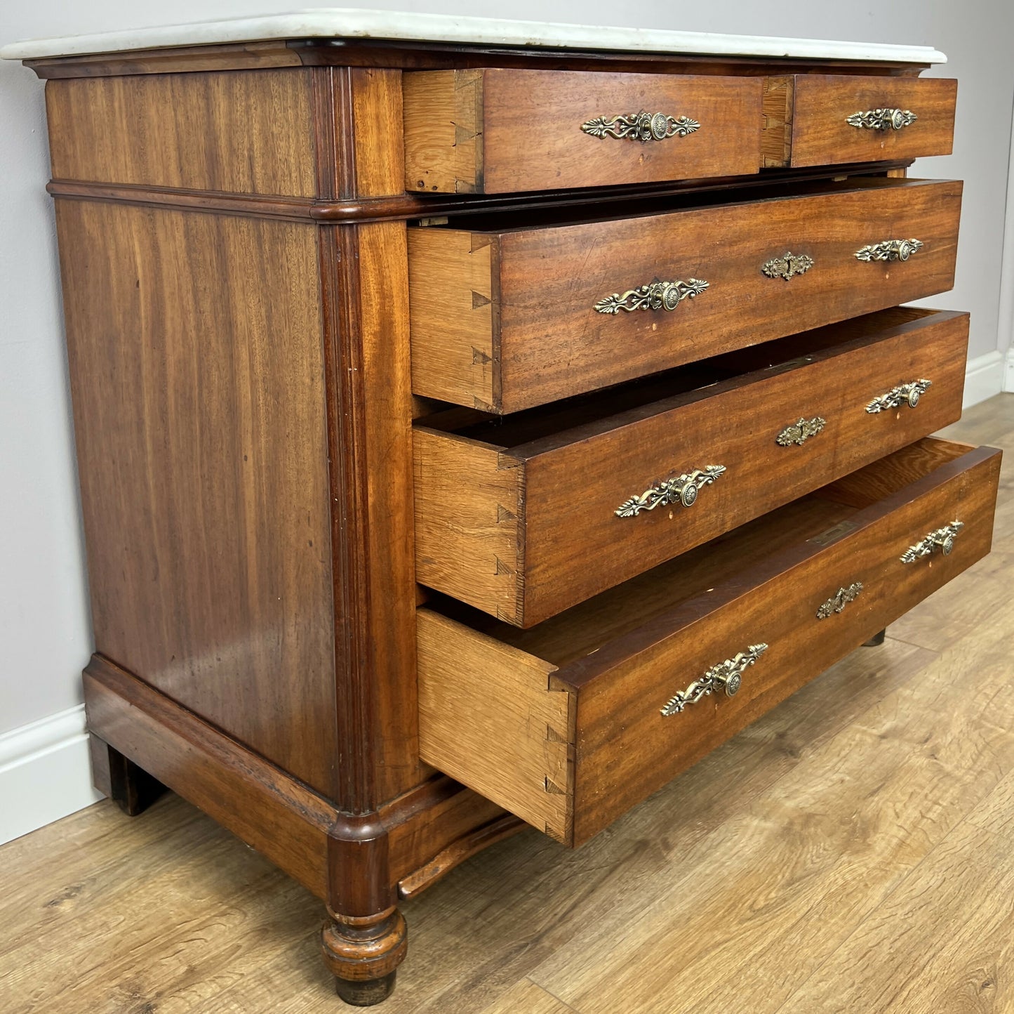 Chest of Drawers Antique French Walnut Marble Top Five Drawer Cabinet LOT 6451