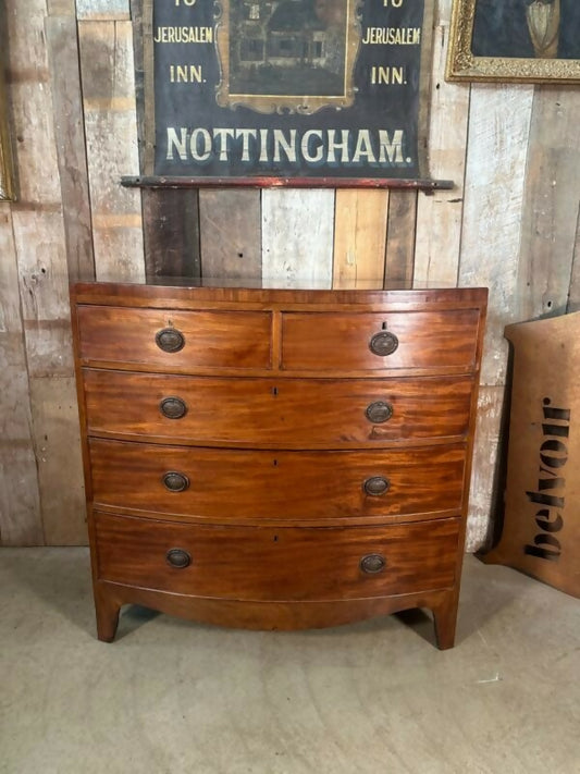 Antique Mid Victorian Bow Front Chest of Five Drawers, c 1840