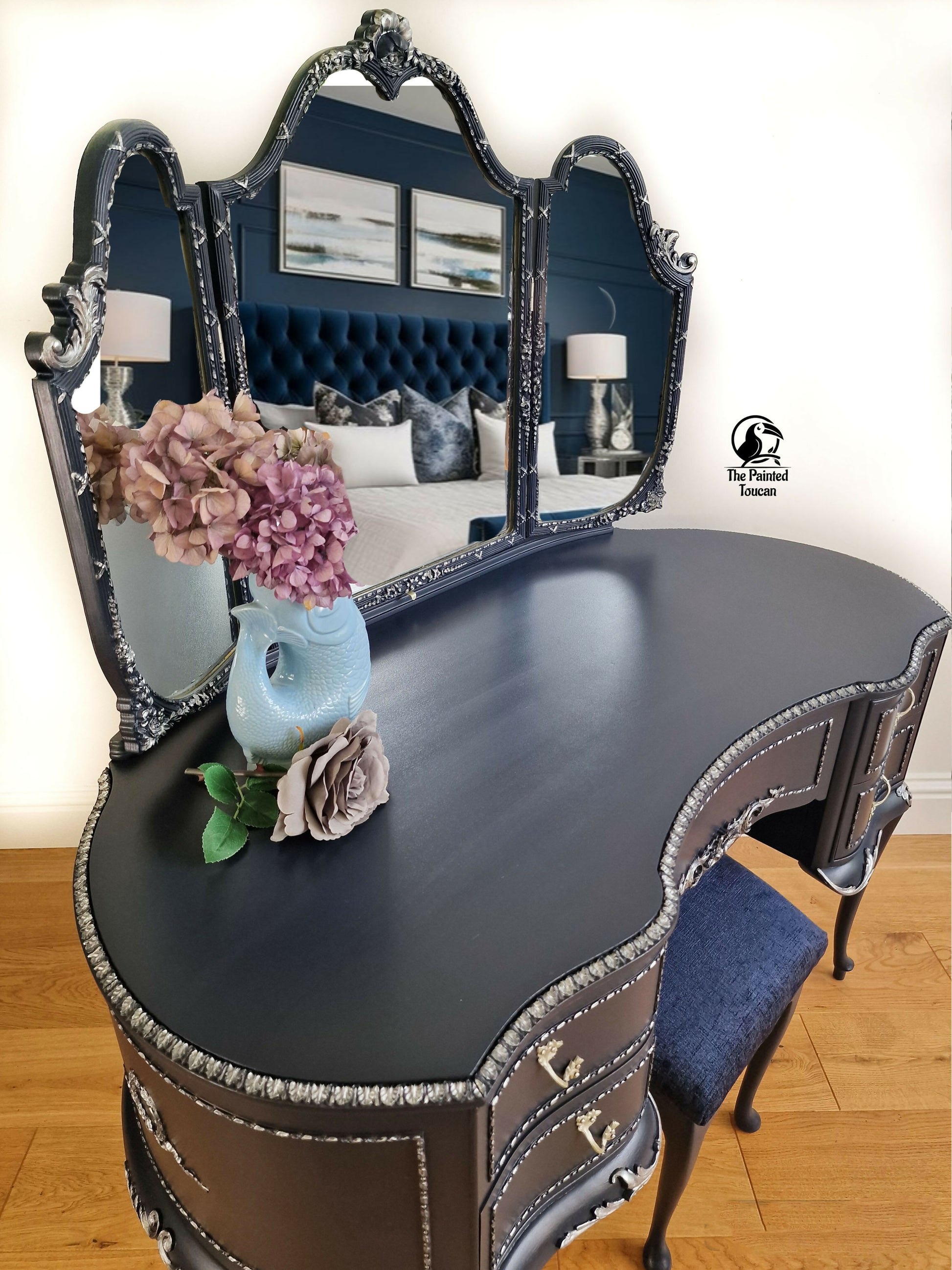navy and gold dressing table Navy Blue Dressing Table with 2 Drawers and Metallic Trim - Isabella - Page 1