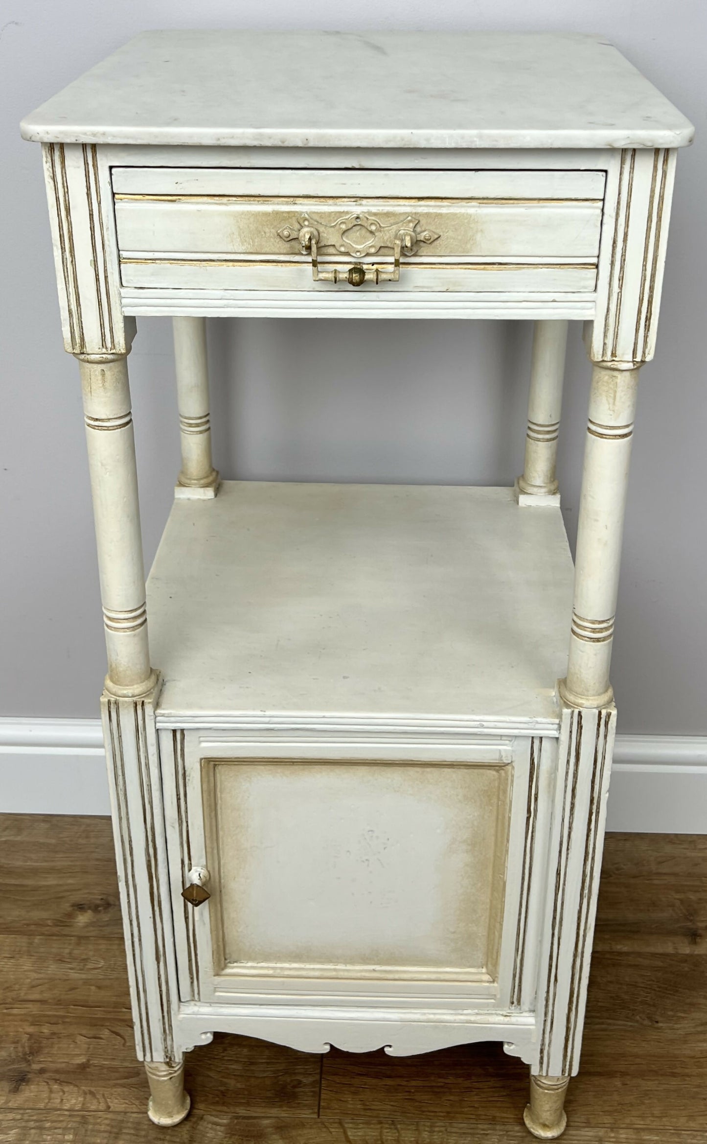 Bedside Table Antique French Style Marble Top Oak Cabinet Nightstand LOT 6224