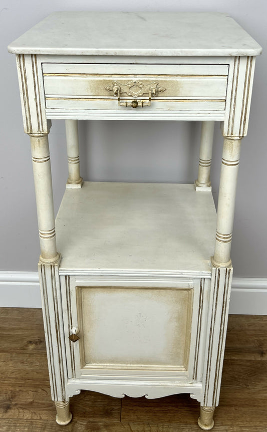 Bedside Table Antique French Style Marble Top Oak Cabinet Nightstand LOT 6224