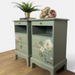 Rare Refinished Vintage Stag Minstrel Tea Tray Bedside Tables In Pale Sage Green With Floral Design, slim, nights stands, mid century
