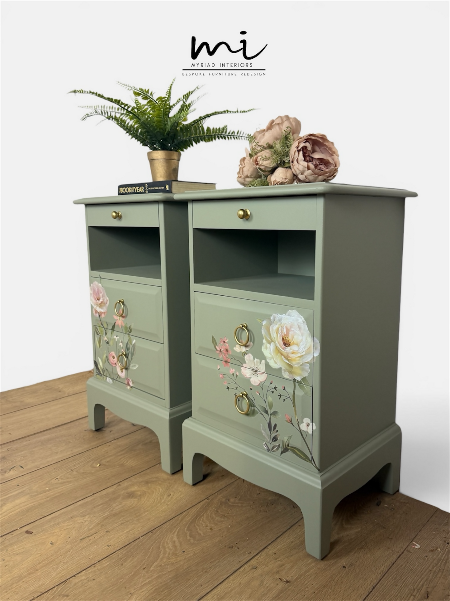 Rare Refinished Vintage Stag Minstrel Tea Tray Bedside Tables In Pale Sage Green With Floral Design, slim, nights stands, mid century