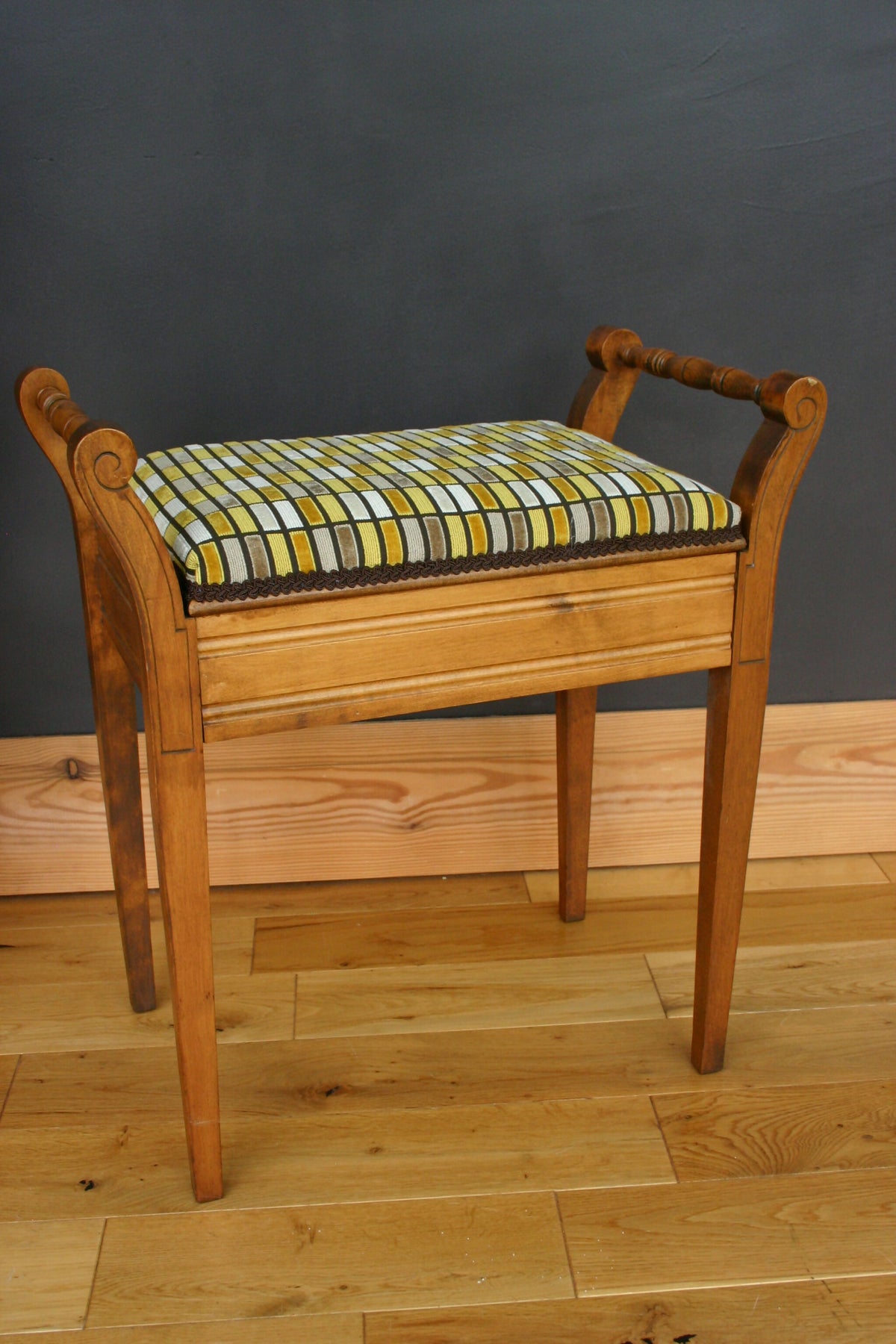 Edwardian Piano Stool – Newly Reupholstered in Bold Geometric Fabric | Vintage Statement Furniture