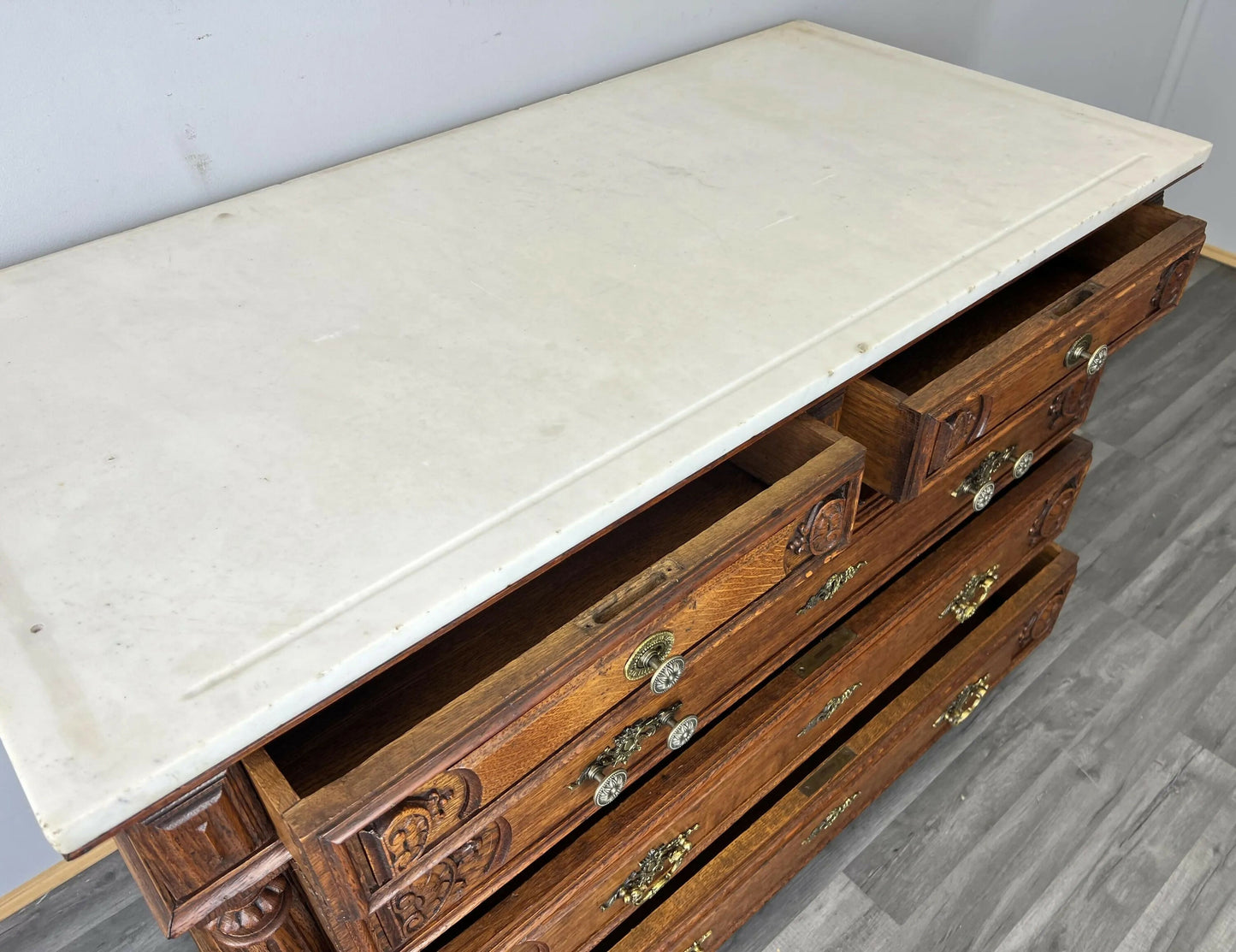 Chest of Drawers Antique French Style Marble Top Oak Carved Cabinet LOT 4808