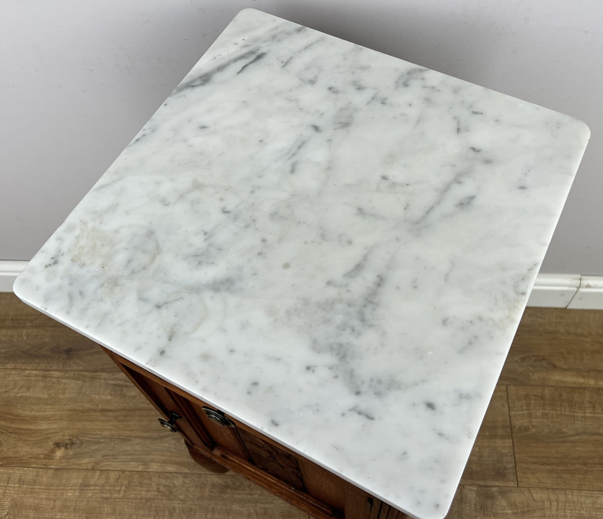 Bedside Table Antique French Style Oak Carved Marble Top Cabinet LOT 6574