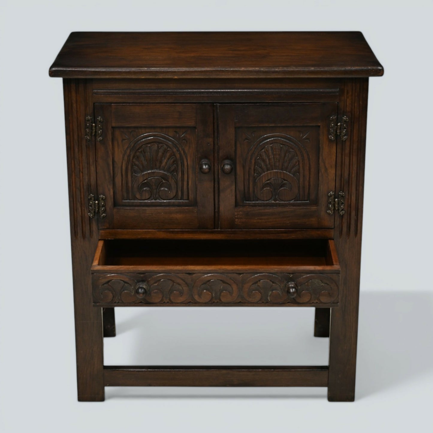 Vintage Oak Pedestal Cupboard Carved Narrow Drawer Double Doors FREE UK Delivery