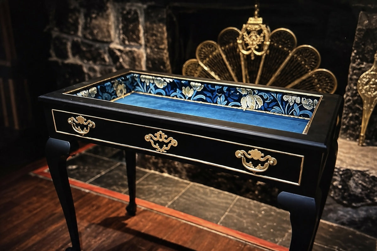 Vintage Queen Anne Style Bijouterie Jewellery Display Table in Black & Gold with William Morris Interior