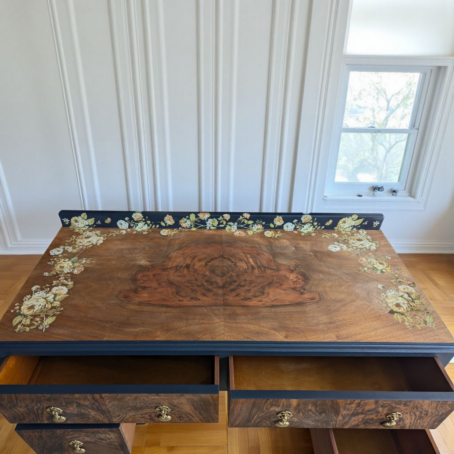 Vintage art deco navy blue and gold dressing table, walnut burr wood desk