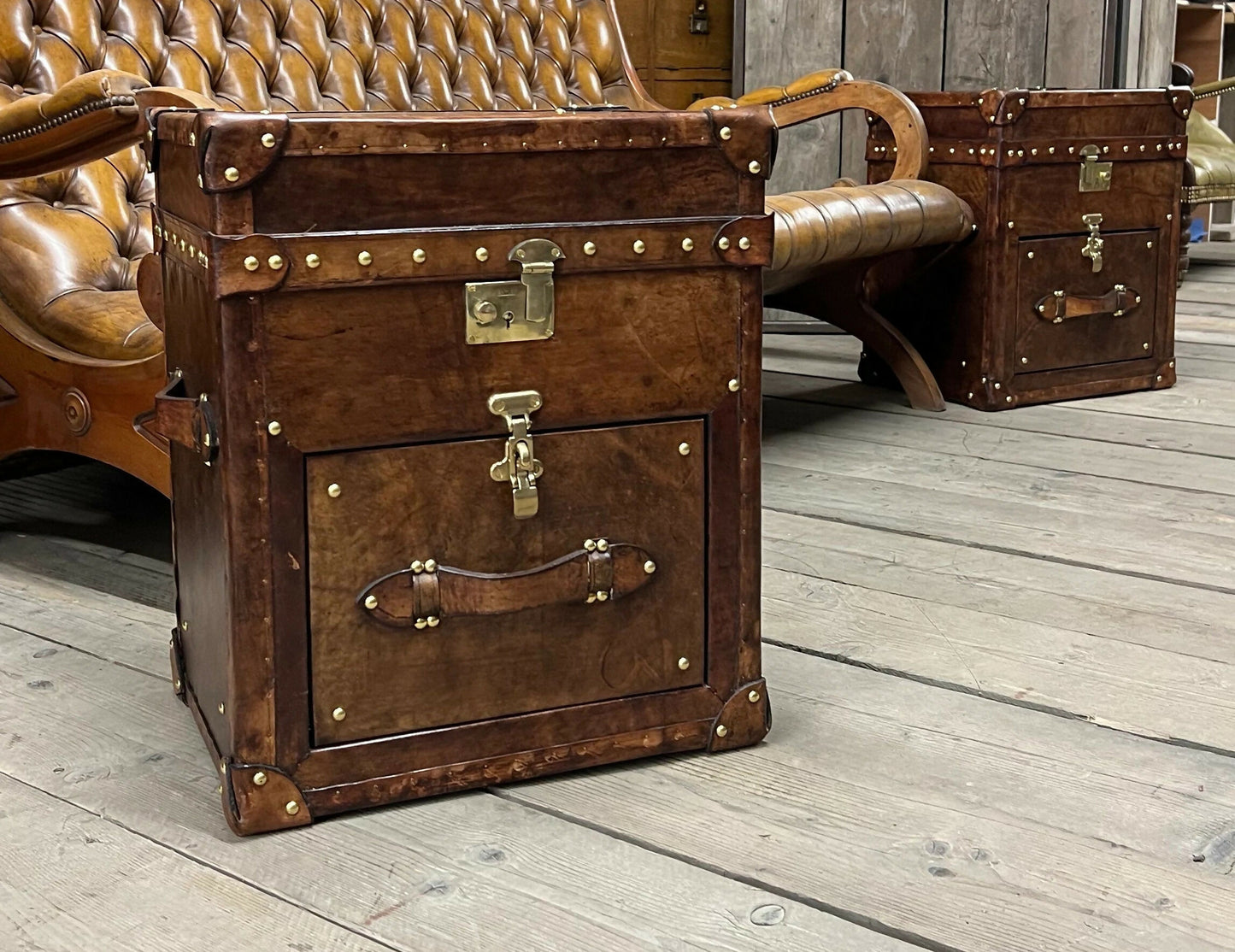 English Bridle Vintage Leather Side Table Trunk - Handmade Bedroom Furniture Pair Bespoke Chest