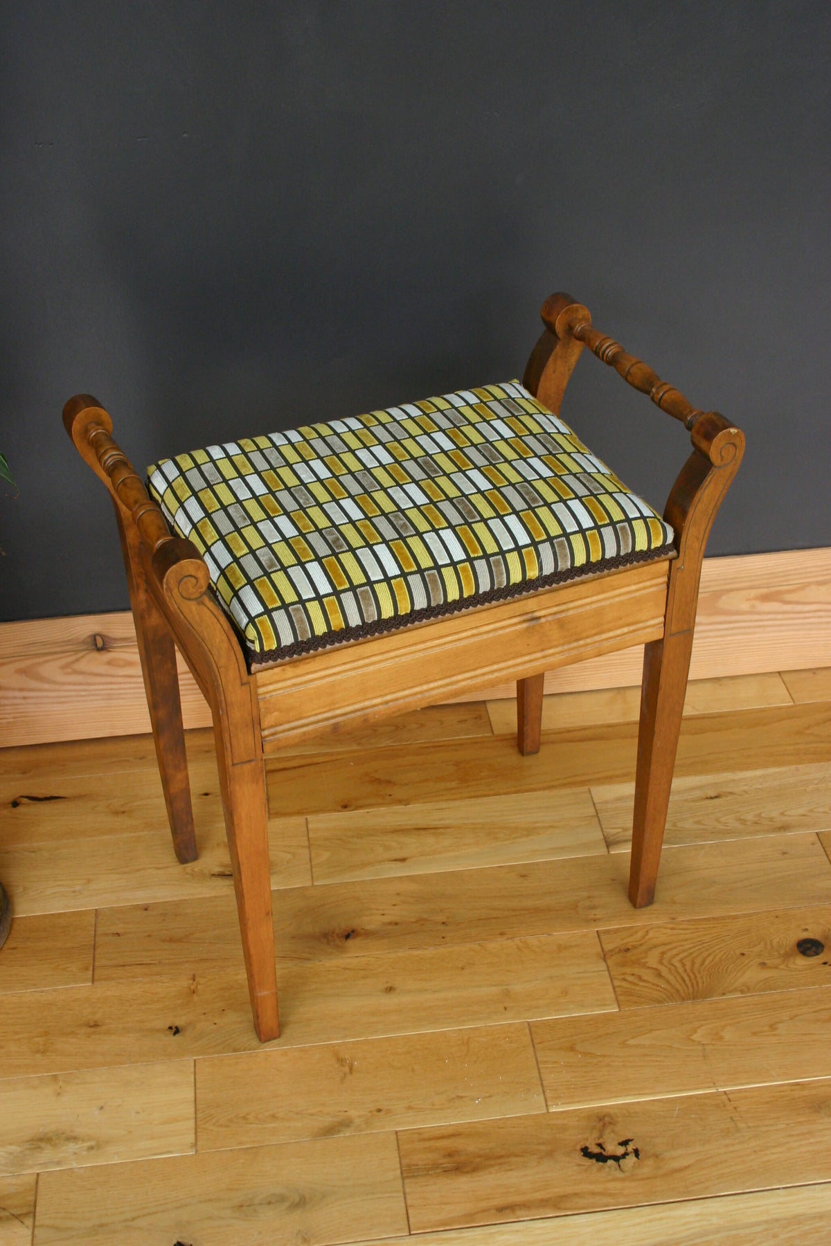 Edwardian Piano Stool – Newly Reupholstered in Bold Geometric Fabric | Vintage Statement Furniture