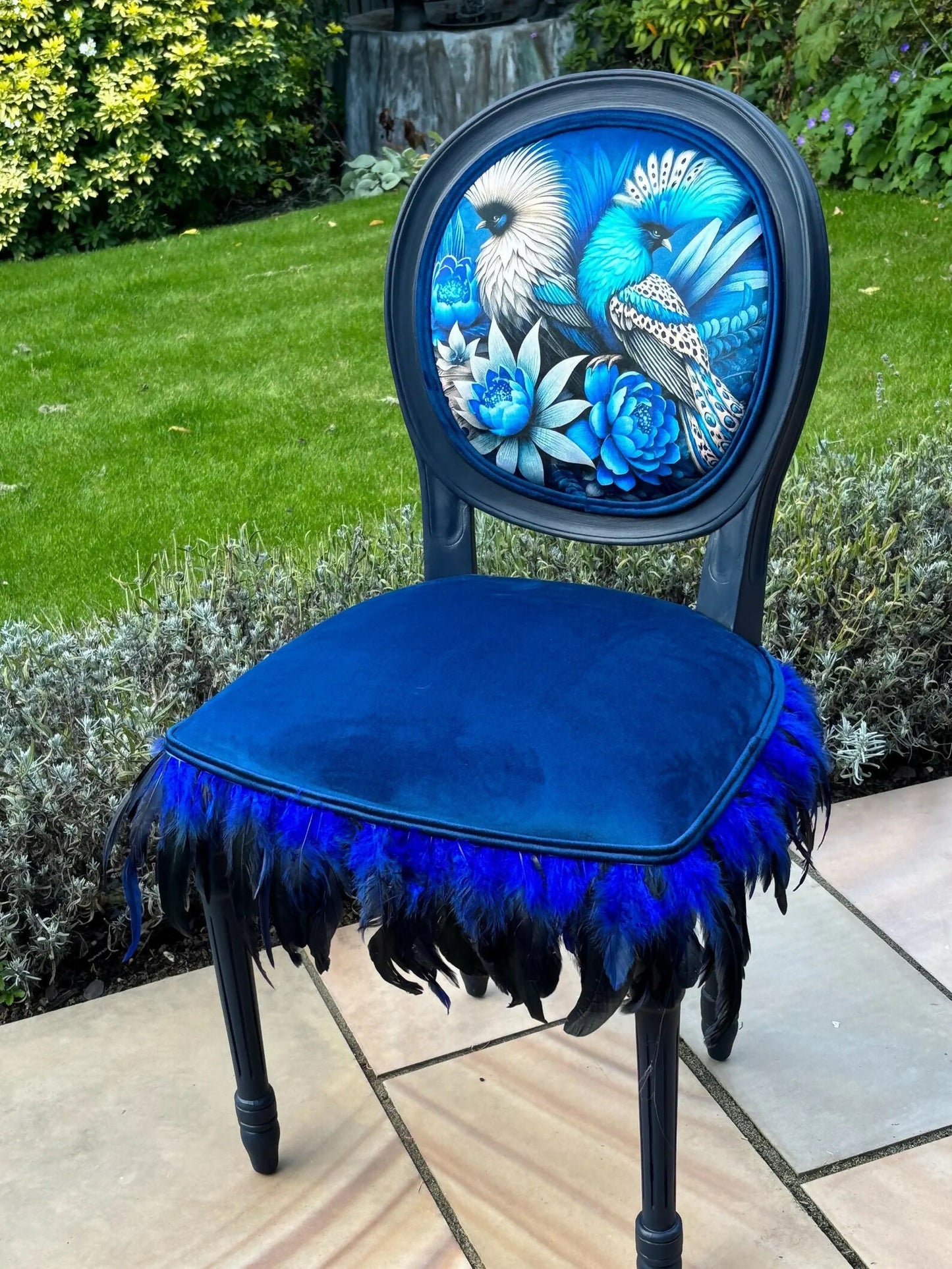 Bespoke Vintage Blue Bird Chair. One of a Kind Velvet and Feather Detailing. Artist Designed Chair