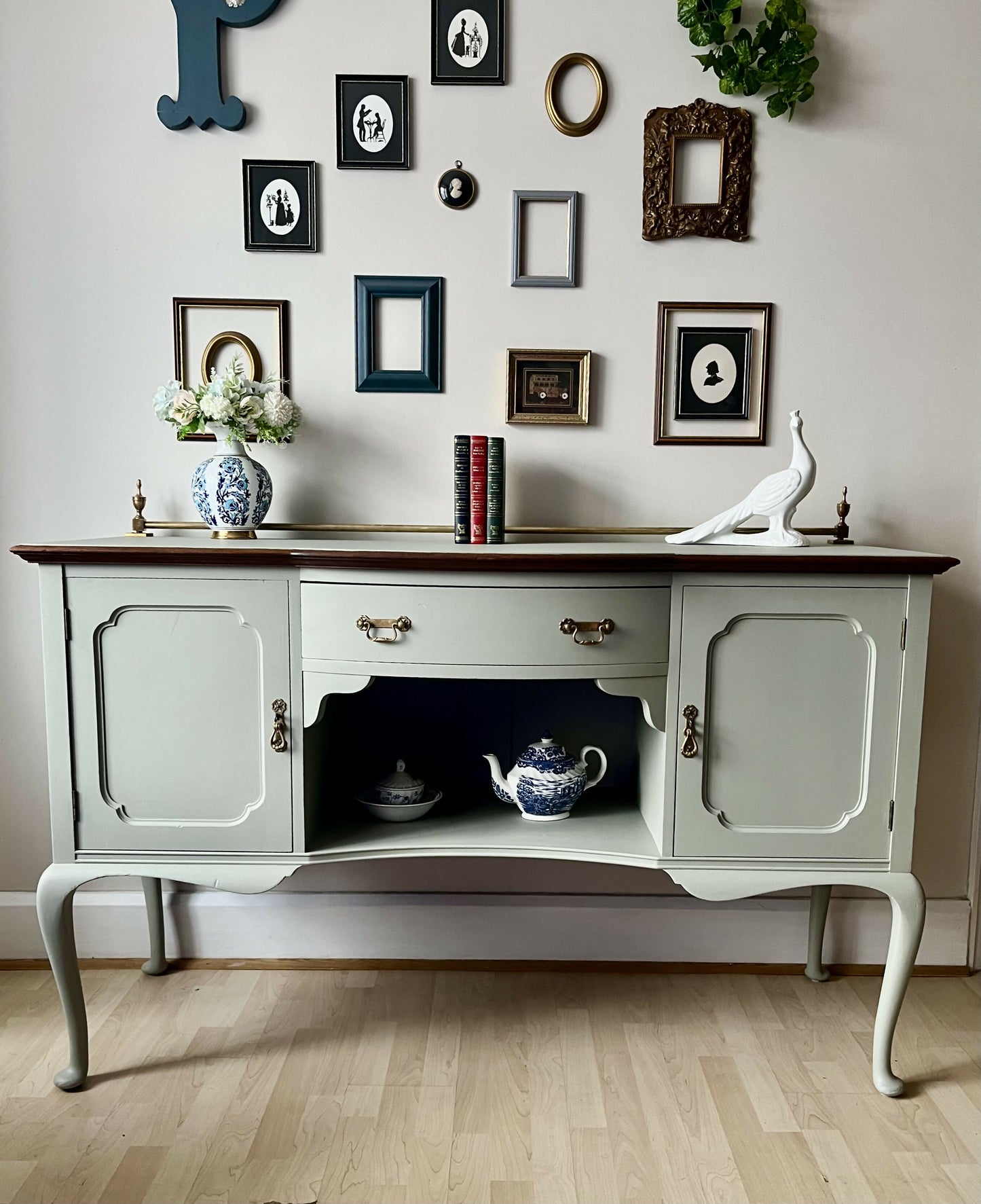 Antique Large, Solid Sage Green Greyish Sideboard: Bow-Fronted Cabinet with Brass Rail